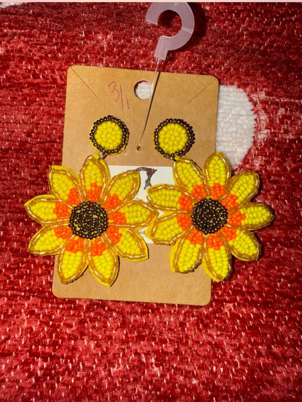 Beaded Sunflower Drop Earrings - Yellow & Orange